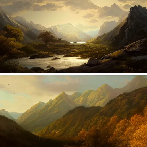 Image similar to a beautiful painting of a scene about a panorama of rivers and mountains, by victo nagi and yuumei and james jean, trending on artstation., ultrawide viewn and highly detailed matte painting - h 6 4 0 - w 1 2 8 0