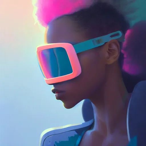 Image similar to beautiful woman wearing opaque reflective goggles profile picture by greg rutkowski, brown skin, long afro hair, asymmetrical, futuristic, pastel neon colors, streetwear, studio ghibli, organic painting, matte painting, geometric shapes, hard edges, street art, trending on the artstation, fantasy lut, realistic by sachin teng,