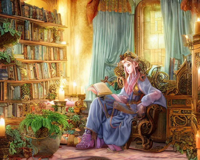 Prompt: a detailed fantasy pastel portrait of a wizard student in ornate clothing lounging on a purpur pillow on the marble floor in front of her bookcase in a room, studying an ancient tome. to the side is a potted plant and some blue candles. ancient oriental retrofuturistic setting. 4 k key art, raytracing in the style yoshitaka amano and rembrandt.
