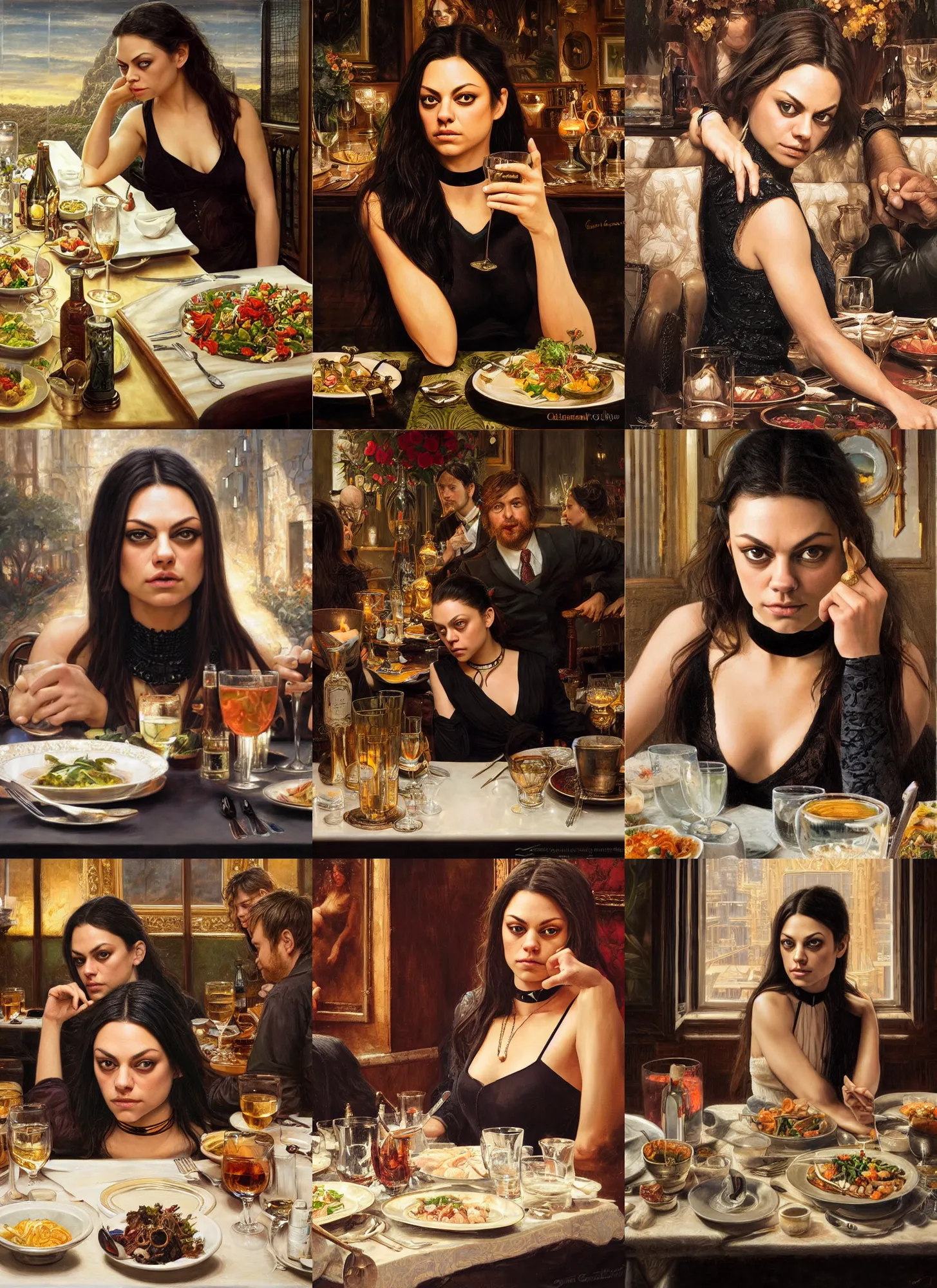 Prompt: dinner with mila kunis sitting across the camera wearing a black choker staring into the camera in an expensive restaurant, point of view, intricate, elegant, tasteful, highly detailed, shallow depth of field, artgerm, donato giancola, joseph christian leyendecker