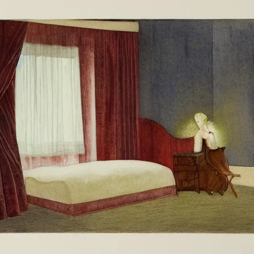 Prompt: a lonely girl in a liminal hotel room, watercolor by botticelli, limited color palette, very intricate, art nouveau, highly detailed, lights by hopper, soft pastel colors, minimalist