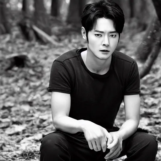 Image similar to male korean actor with tribal facial scarring sitting in a forest, hyper realistic, black and white portrait, 8 k resolution,