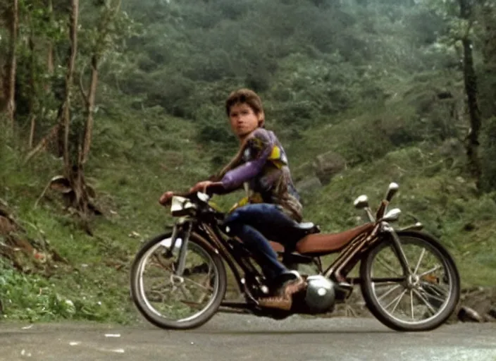 Image similar to film still of thanos riding a small childrens bike down a steep mountain road in the goonies 1 9 8 5