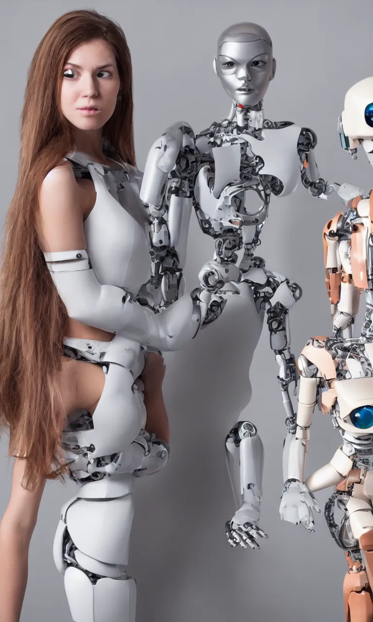 Image similar to full body photo of a woman with human face and robot body, robot body, steel body, human face, cyborg body