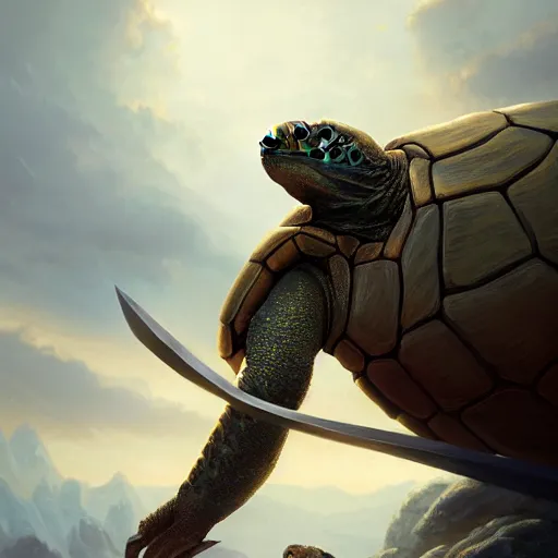 Image similar to a turtle hero raises his long sword high, dramatic light, arctic temple background, clouds, golden hour, high detail, fantasy background, painted by stanley lau, painted by greg rutkowski, painted by stanley artgerm, digital art, trending on artstation