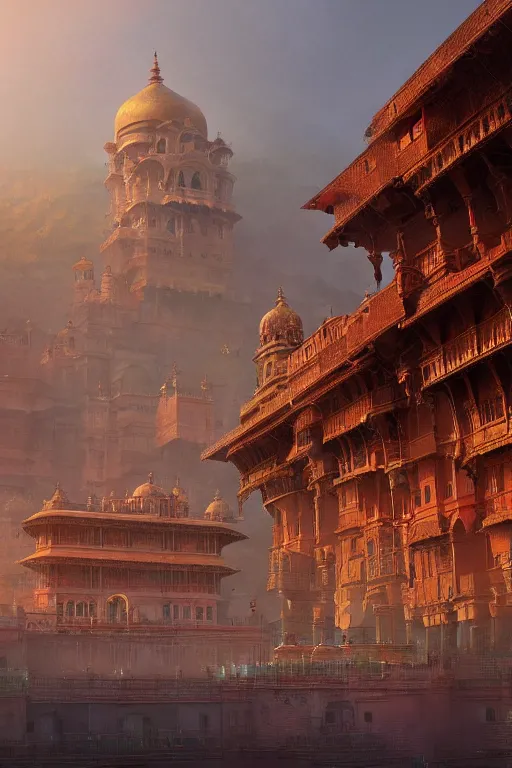 Prompt: old indian city with a breathtaking view of a magnificent maharajah palace at pink dawn, intricate, elegant, volumetric lighting, digital painting, highly detailed, artstation, sharp focus, illustration, concept art, ruan jia, steve mccurry