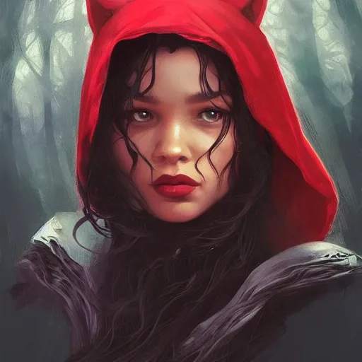 Image similar to Beautiful face Portrait of Little Red Riding Hood with a black panther, intricate, wild, highly detailed, digital painting, artstation, concept art, smooth, sharp focus, illustration, art by artgerm and greg rutkowski and alphonse mucha, footage from space camera