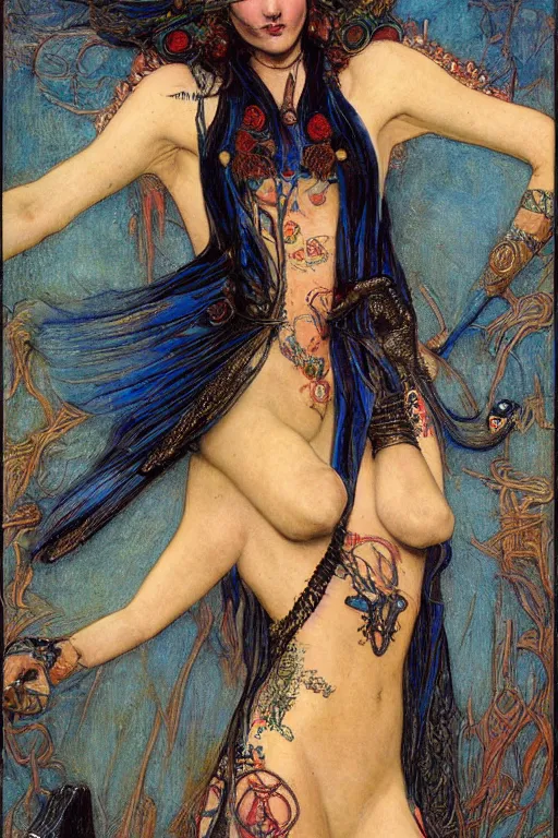 Image similar to gutterpunk goddess , by Annie Swynnerton and jean delville and Gaston Bussière and Tino Rodriguez, black leather and embroidered velvet, iridescent beetles, rich color, dramatic cinematic lighting, extremely detailed