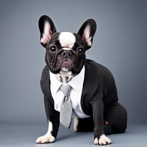 Image similar to french bulldog wearing businessman attire, studio lighting