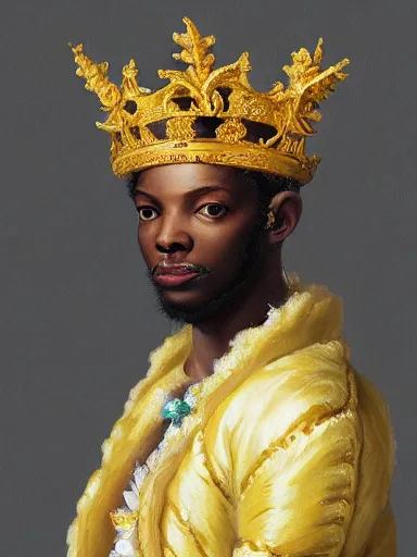Prompt: rococo portrait of a black prince wearing a golden crown with pastel flowers, highly detailed, symmetrical, realistic, 8 k, digital painting, art by krenz cushart, kehinde wiley, artem demura