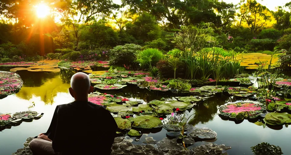 Prompt: ant view of a zen master in a beautiful kimono quietly sitting in a rock garden overlooking a pond of lilly pads during a sublime sunset, one sun, his dark silhouette completely obscured by bokeh, colorful masterpiece photography,