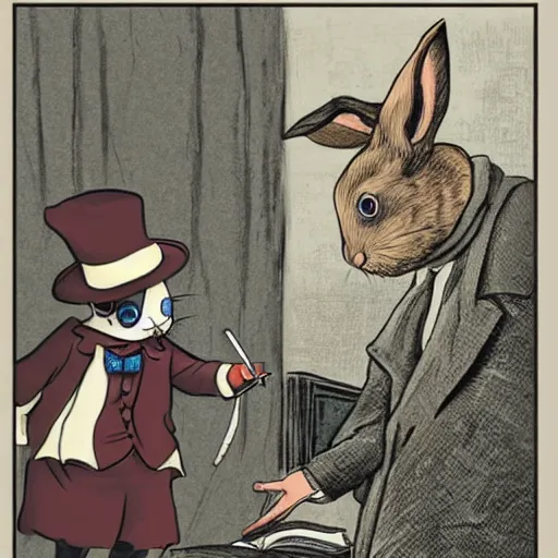 Image similar to a rabbit dressed up as sherlock holmes, book illustration