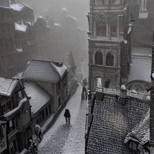 Image similar to an ultra detailed black and white matte painting of the quaint town of galic, grid shaped city cobblestone streets, fantasy city, the morning after a heavy snowfall, wind, inspiring gothic architecture, ultrawide lense, aerial photography, unreal engine, exquisite detail, 8 k, art by greg rutkowski and alphonse mucha