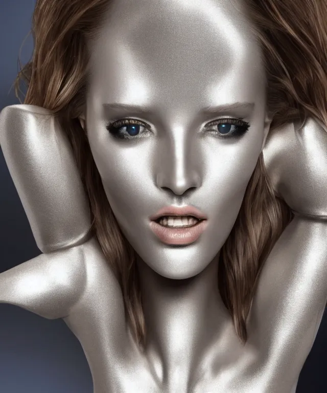 Image similar to realistic portrait of a silver robot is watching tv and tv displays a victoria's secret model in detail and the robot's face is partially moprhed into an exact copy of the model, realistic, 4 k