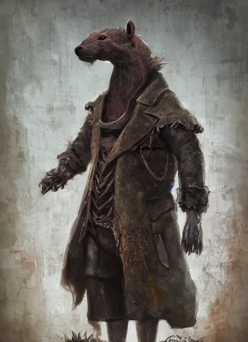 Image similar to detailed full body concept art illustration, dark soft focus, plague style oil painting on canvas of an anthropomorphic capybara doctor in full intricate clothing, biomutant, dystopian, micro detail, octane render, 4K