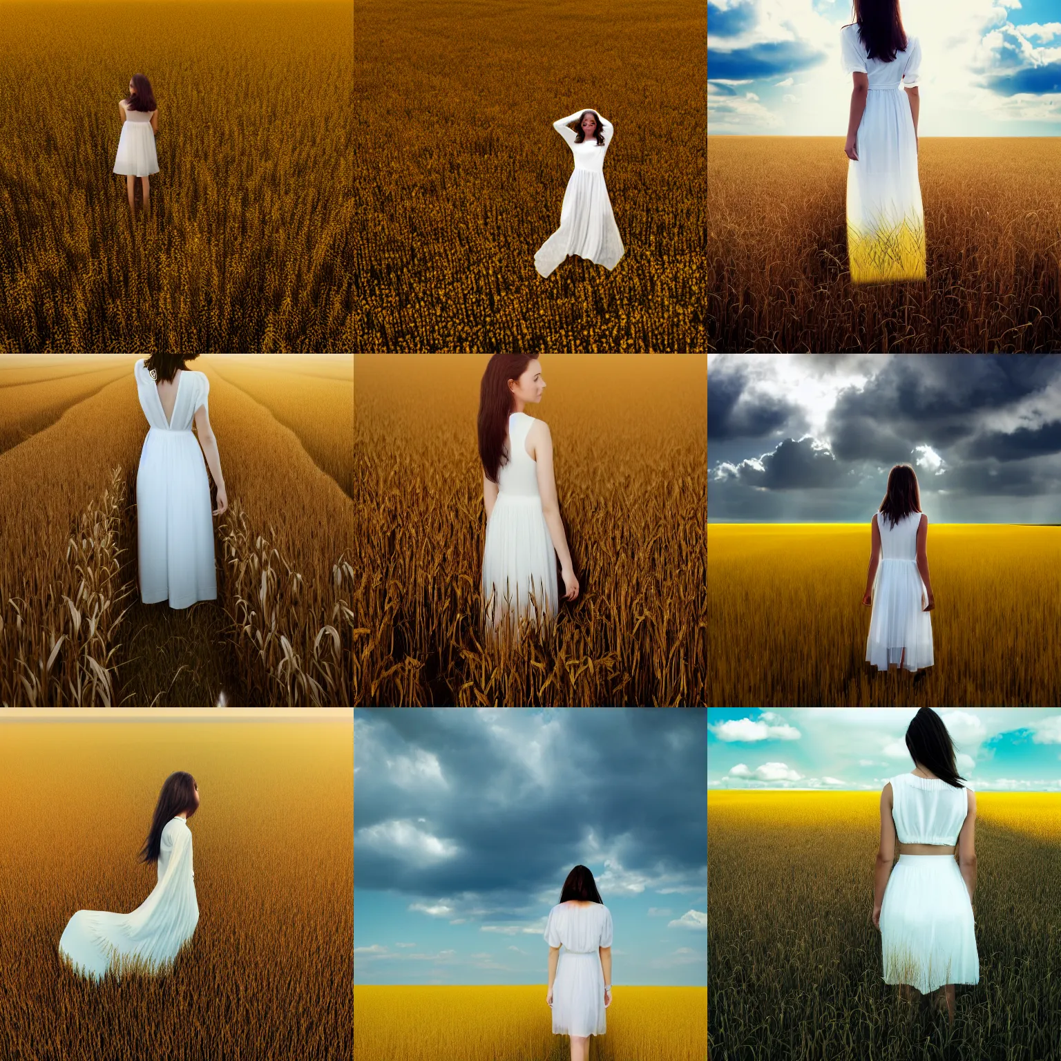 Prompt: aerial shot, a beautiful photo of a petite brunette girl in a very wide transparent thin light white dress standing on a bright yellow rye field, a lot of clouds, photo from the back, 135mm, trending on artstation, hyper detailed, hyper realistic, chrome accents, mild, ethereal, elegant, tender