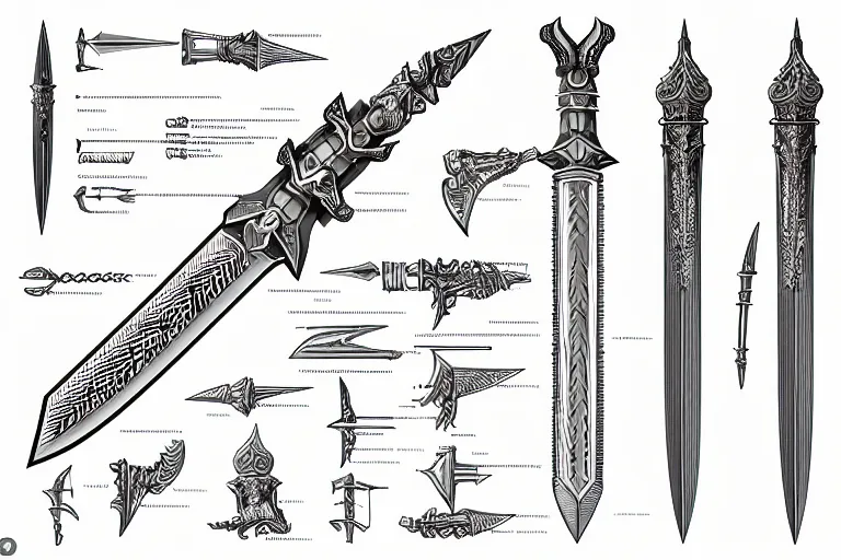 Image similar to schematic diagram of a dagger, ultra detailed, 4 k, weapon design, intricate, encyclopedia illustration