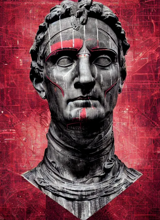 Image similar to design poster showing a statue of julius caesar, black background with very subtle red and purple design elements, powerful, nekro, vito acconci, graphic design, collage art, thin lines, dark, glitch art, neo vaporwave, gritty, layout frame, square, trending on artstation