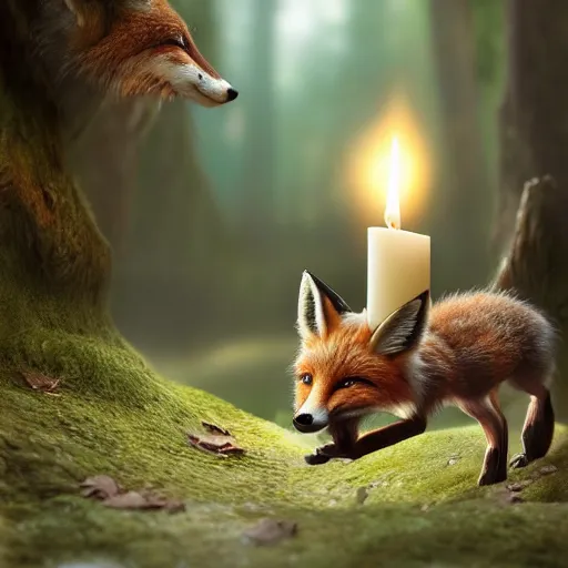 Image similar to a beautiful hyper realistic ultra detailed lifelike matte painting of a fox in front of a candle in a forest, unreal engine, deviantart, flickr, artstation, octane render, textured, colorful, extreme realistic detail, physically based rendering, pbr render, very detailed, volumetric lighting, detailed lighting, octane render, 4 k, cinematic lighting, 8 k resolution