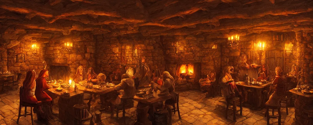 Image similar to Medieval tavern with cozy interior and roaring fireplace, art by michael whelan, warm colors, firelight, oil painting, fantasy art, trending on artstation