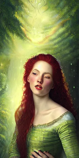 Image similar to young woman, smiling amazed of firefly lights, full covering intricate detailed dress, amidst nature, long red hair, precise linework, accurate green eyes, small nose with freckles, beautiful oval shape face, empathic, expressive emotions, dramatic lights, hyper realistic ultrafine art by artemisia gentileschi, jessica rossier, boris vallejo