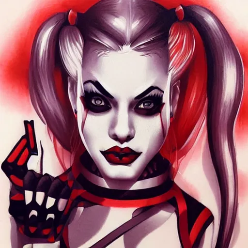 Image similar to tattoo design, stencil, portrait of harley quinn by artgerm