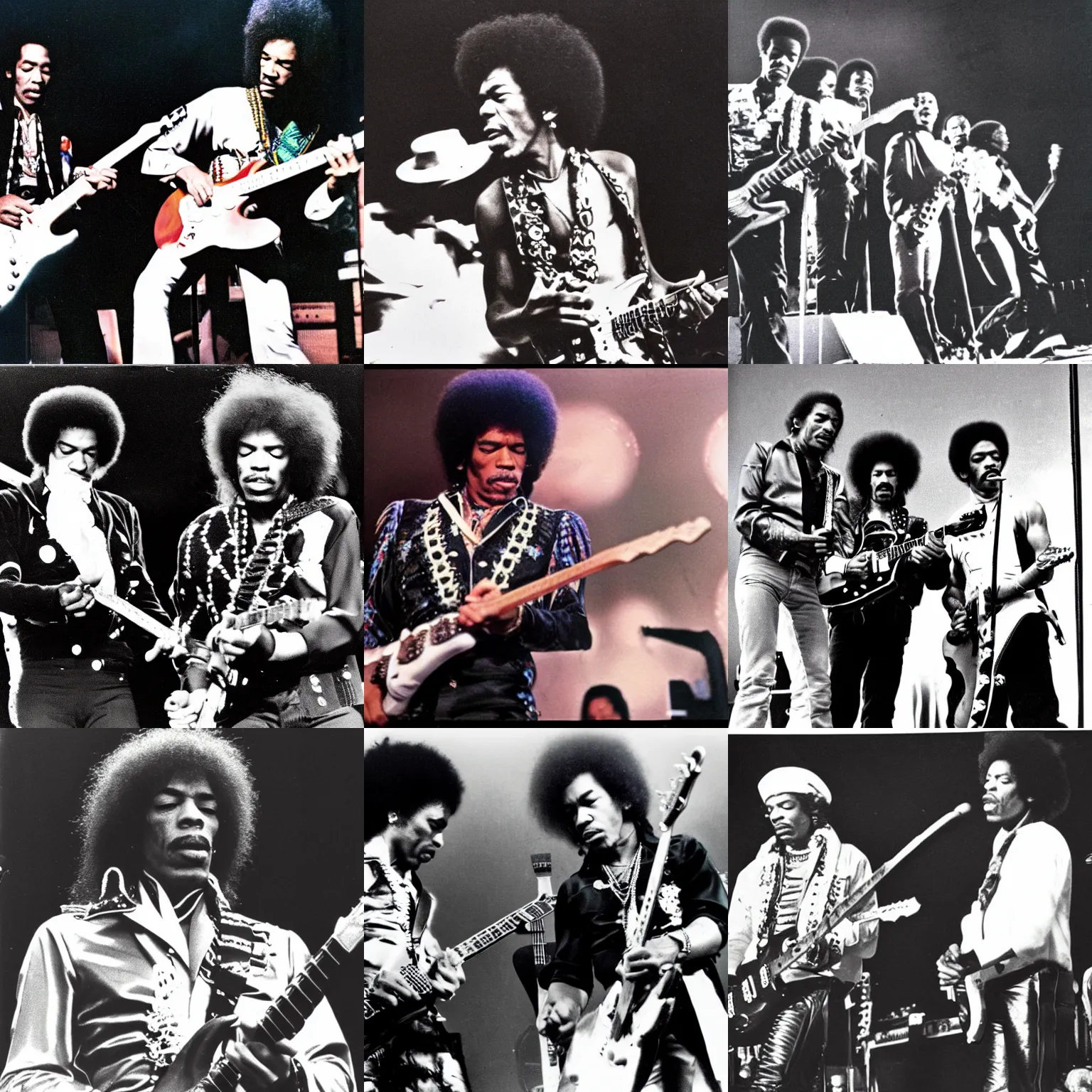 Prompt: pop smoke on stage with jimi hendrix, color photo