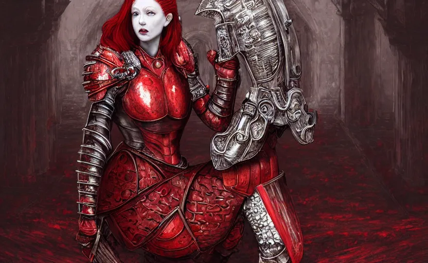 Image similar to redhead queen knight in red armor, inside grand hall in castle with rococo aesthetic, exposed beating heart in chest, crown, face with scars, dark souls 3, intimidating, ominous, evil, high fantasy, intricate detail, digital painting, artstation, concept art, smooth, sharp focus, illustration, art by yoshitaka amano and monia merlo and giger and wlop