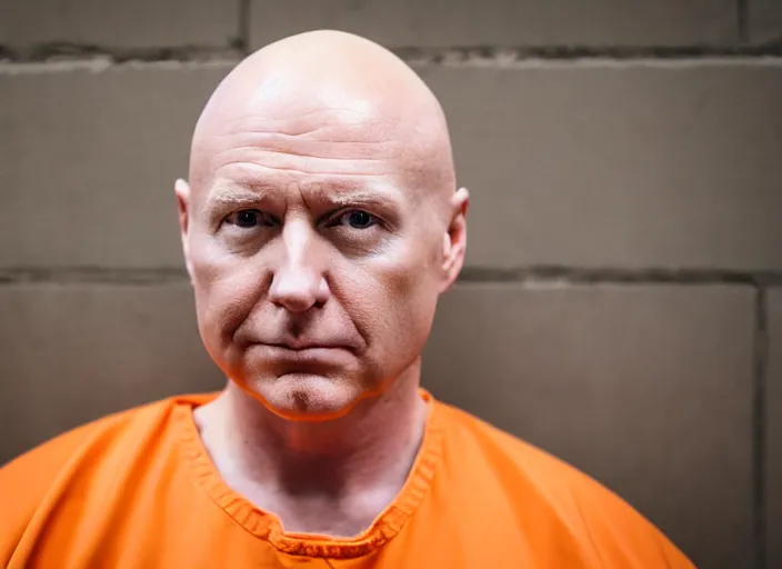 Image similar to photo of bald!!! donald trump!!! shaved head no hair!!! no hair!!! old white pasty skin sitting in a jail cell wearing an orange jumpsuit, defocused bars in the foreground, 8 k, 8 5 mm f 1. 8