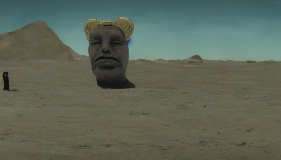 Prompt: glowing bene gesserit in full - face golden glowing mask meet salvador dali in a black rocky desert landscape with alienabandoned city beneath the sand and giant alien spaceship in the sky attacks the earth by christopher doyle and alejandro jodorowsky, anamorphic lens, kodakchrome, cinematic composition, very detailed photo, 8 k,
