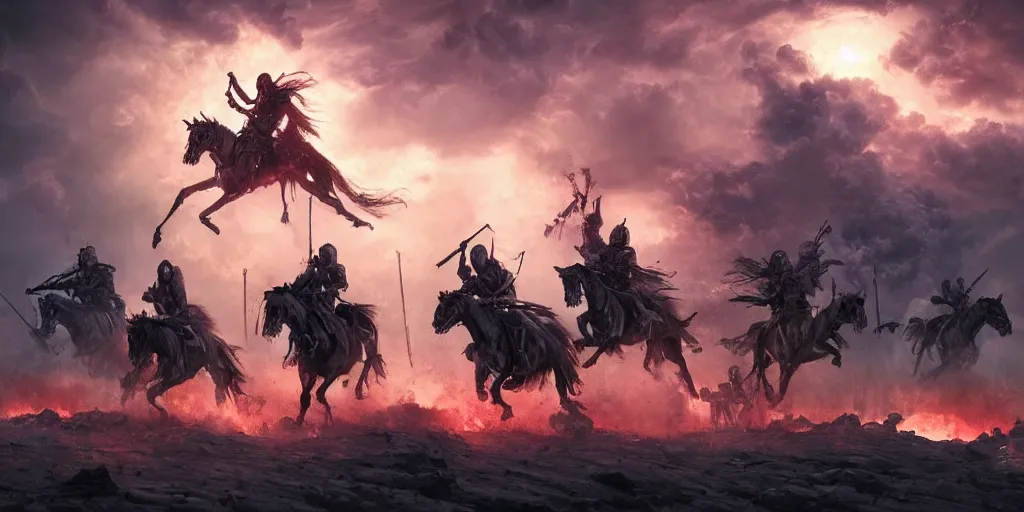 Image similar to ”five horsemen of the apocalypse riding skeleton horses towards the camera and holding up empty signs, [epic, cinematic, scary, intimidating, horror, war, battle, hell, storm clouds, lightning, octane render, 8k, mattepainting, art by wlop and paul lehr and greg rutkowski]”