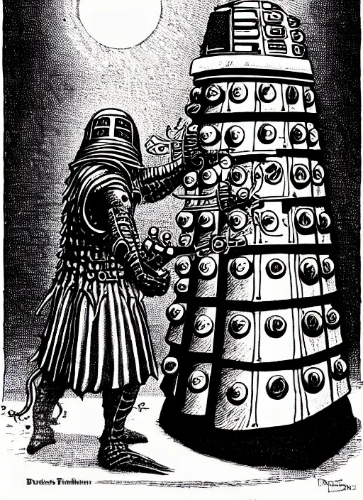 Image similar to a dalek as a d & d monster, pen - and - ink illustration, etching, by russ nicholson, david a trampier, larry elmore, 1 9 8 1, hq scan, intricate details, high contrast, no background