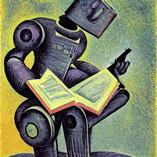 Image similar to A robot reading a book; in the style of Umberto Boccioni