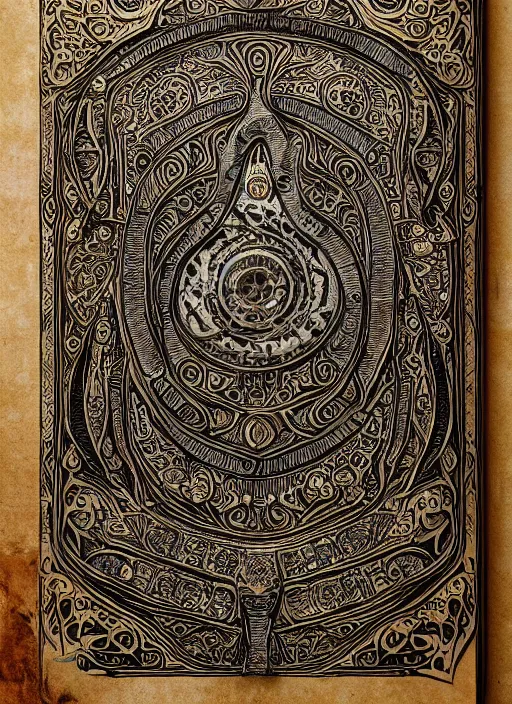 Image similar to an ancient ornate intricate old tome spell book with the sigil symbol of an eye emblazoned on the cover, cinematic, realistic, intricate detail, finely detailed, small details, extra detail, photorealistic, high resolution, 3D, PBR, path tracing, volumetric lighting, octane render, arnold render, 8k