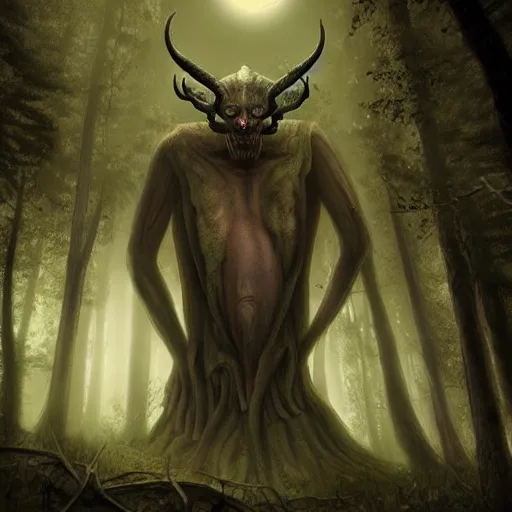 Image similar to Giant creepy creature with horns in a forest, digital art, realistic, moonlight, artstation, detailed