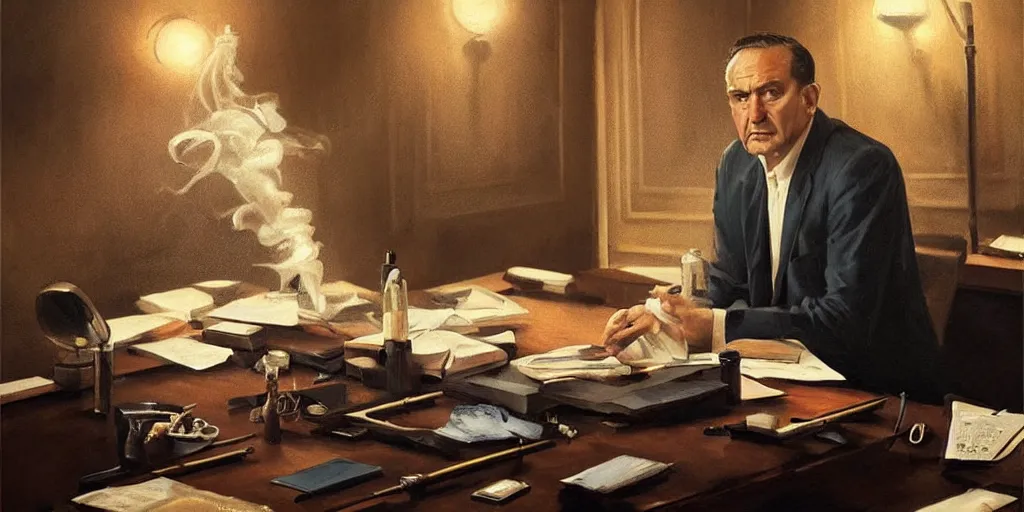 Image similar to beautiful oil matte portrait painting, mafia boss smoking at his 5 0 s new york office desk, wonderful masterpiece highly detailed, beautiful cinematic light deep focus, elegant, digital painting, smooth, sharp focus, golden ratio, dramatic illumination, ultra realistic, 8 k, art by jimmy law