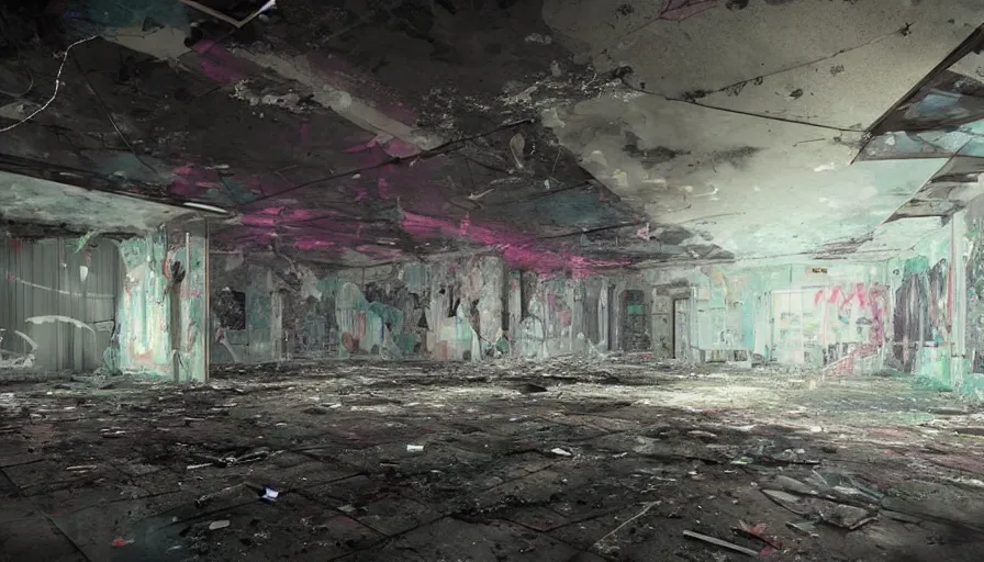 Prompt: Abandoned nightclub in Miami with tagged wall, cobwebs, dust and damaged ceiling, hyperdetailed, artstation, cgsociety, 8k