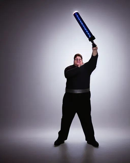 Image similar to Studio Photograph of a real life Peter Griffin from Family Guy dressed as Han Solo and Holding a glowing light saber in the Style of Annie Leibovitz,