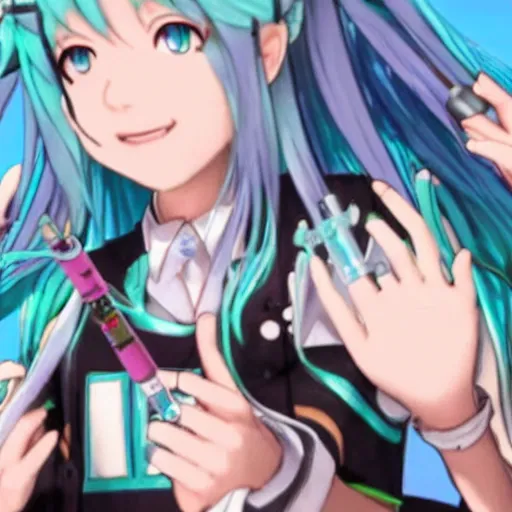 Image similar to hatsune miku getting high by smoking weed with a vape pen, smoke everywhere