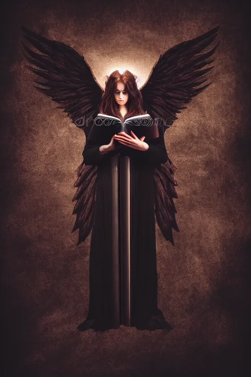 Image similar to dlsr photo illustration of envoked dark angel holding a book of necronomicon, symmetrical, cinematic, sharp focus, 4 k, ultra hd, sense of awe, sinister demonic atmosphere, dreadful, forbidden knowledge, old gods. demonology journal cover