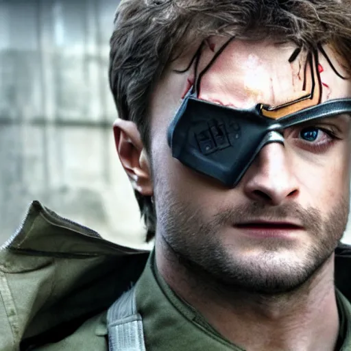 Image similar to Solid Snake played by Daniel Radcliffe, Metal Gear movie still, cinematic,