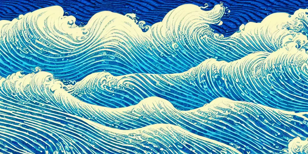 Image similar to clouds and waves, An aesthetically pleasing, dynamic, energetic, lively, complex, intricate, detailed, well-designed digital art of a beach, ripples, waves, sea foam, light and shadow, overlaid with aizome patterns, Shin-hanga by Bob Ross, traditional Japanese colors, superior quality, masterpiece, featured, trending, award winning, HDR, HD, UHD, 4K, 8K, anamorphic widescreen