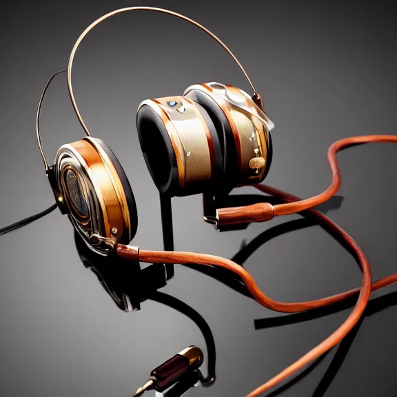 Image similar to masterpiece photo of beautiful crafted artistic bismuth metal headphones, bismuth rainbow metal, bismuth cups, leather padding, displayed on mahogany desk, modernist headphones, bismuth headphones beautiful well designed, hyperrealistic, audiophile, intricate hyper detail, extreme high quality, photographic, meze audio, sennheiser, hifiman, artstation