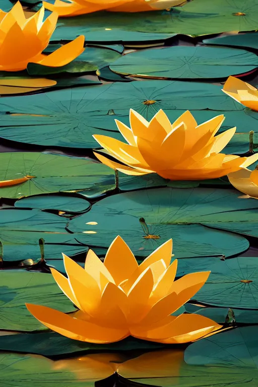 Image similar to lilyPads with Lotus flowers in the golden hour, paper cut art, close up, DOF, 8k, artstation,