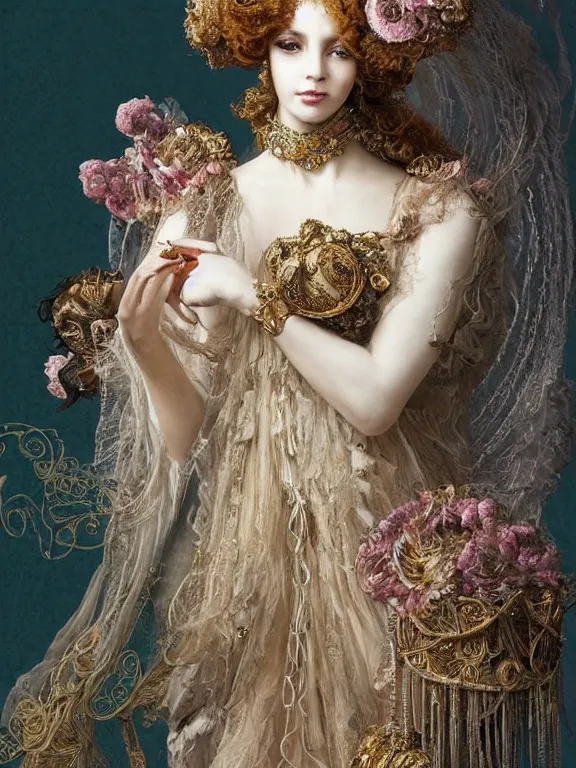 Prompt: a fashion portrait render of a lady angel,veiled,rococo dramatic headdress with intricate fractals of flowers ,tassels,by Daveed Benito and Lawrence Alma-Tadema and Enchanted doll and aaron horkey and peter gric,trending on pinterest,rococo,hyperreal,jewelry,gold,intricate,maximalist,high detail,golden ratio,cinematic lighting