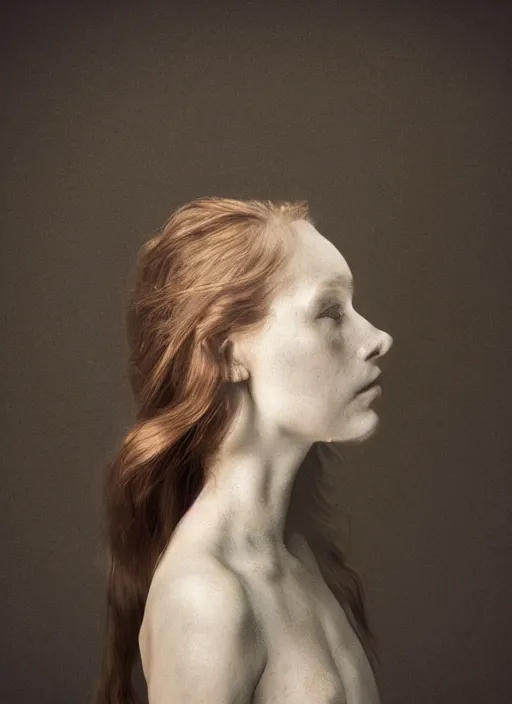 Prompt: a woman's face in profile, long hair made of minerals, in the style of the Dutch masters and Gregory Crewdson, dark and moody