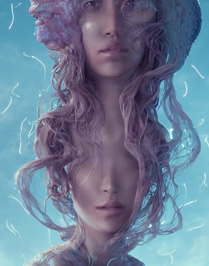 Image similar to goddess portrait. jellyfish phoenix head. intricate artwork by Tooth Wu and wlop and beeple. octane render, trending on artstation, greg rutkowski very coherent symmetrical artwork. cinematic, hyper realism, high detail, octane render, 8k