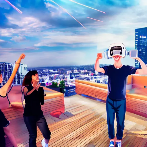 Prompt: anime Mark Zuckerberg smiling dancing with vr headset on while people cheer and cry, in rooftop bar, photo by Mann, detailed, 4k, beautiful