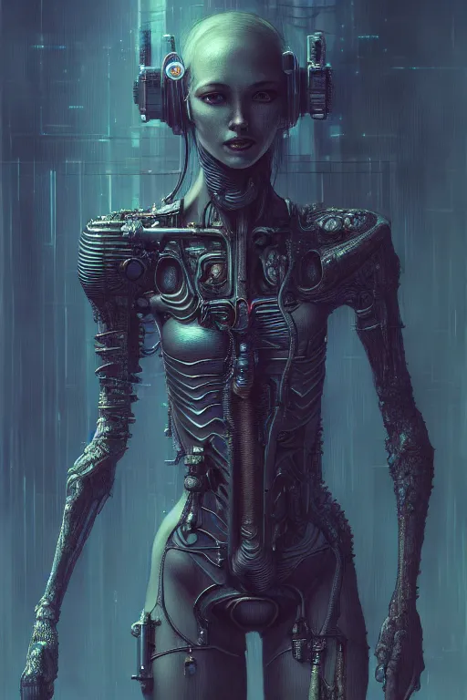 Image similar to a highly detailed long shot photo of cyberpunk female character by ayami kojima, elf, beksinski, giger, elf, rifle, intricate, digital painting, artstation, concept art, smooth, sharp focus, full body