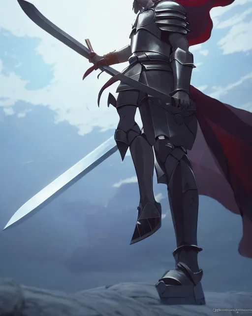 Prompt: powerful warrior with a greatsword and fully clad in plate armor, dramatic action pose, square masculine jaw, short messy hair, 3 d octane render, unreal engine 5, ultra high detail, cel shaded, trending on pixiv fanbox, by greg rutkowski makoto shinkai takashi takeuchi studio ghibli, akihiko yoshida